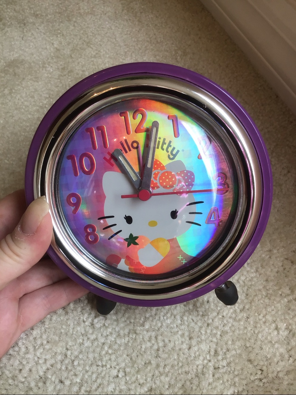 Retro Hello Kitty Alarm Clock, Purple/Pink/Reflective Multicolor, 5”